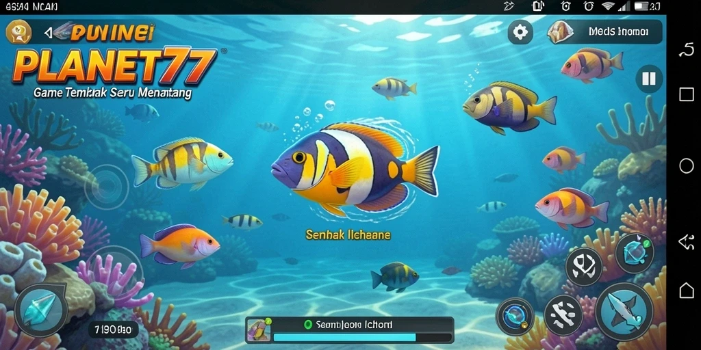Tampilan gameplay seru dalam PLANET77 saat menangkap ikan.