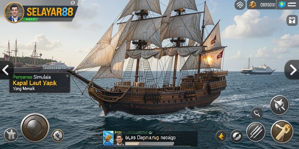 Screenshot gameplay SELAYAR88 yang menunjukkan kapal berlayar di laut.