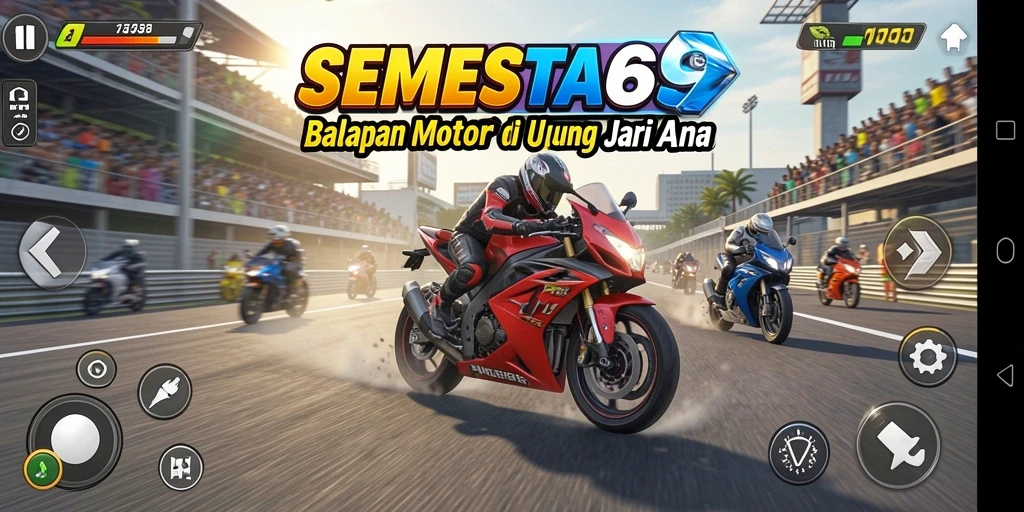 Screenshot gameplay SEMESTA69 menampilkan aksi balapan motor yang mendebarkan.