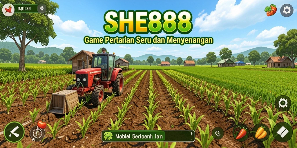 Screenshot menunjukkan gameplay SHE888 saat merawat tanaman dan hewan ternak.