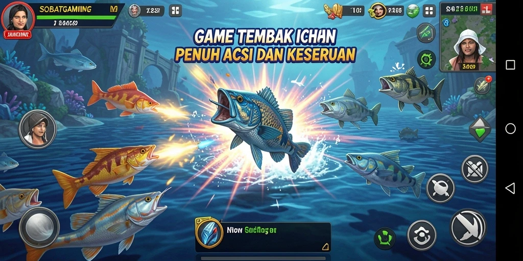Gameplay SOBATGAMING dengan efek tembakan ikan yang menakjubkan.